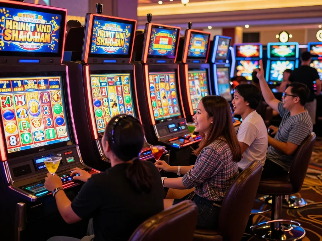 Players enjoying dewa slot games amidst flashing slot machines in a vibrant casino environment.