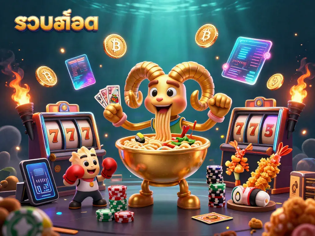 Experience the thrill of รวมสล็อต with a vibrant 3D scene featuring unique characters and slot elements.
