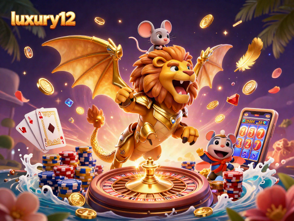 Permainan kasino luxury12 dengan makhluk chimera dan elemen permainan berkilau.