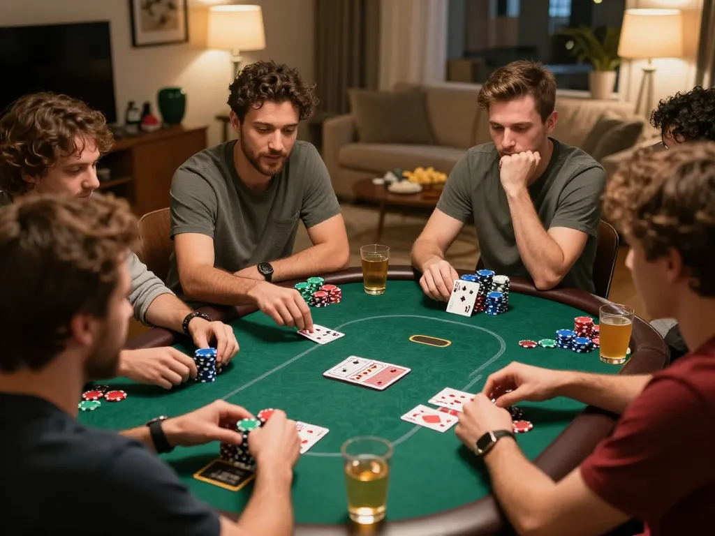 Sahabat menikmati permainan poker yang meriah di rumah, meningkatkan asosiasi scrapbooking mereka melalui kompetisi yang bersahabat.