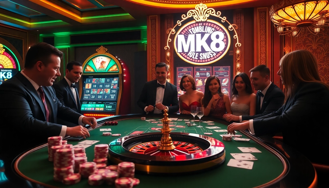 MK8 casino players enjoying high-stakes poker and roulette excitement at an elegant gambling table.