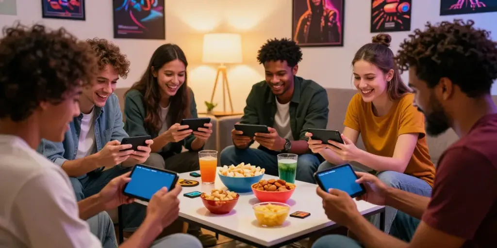 Friends enjoying Rumble Rummy app in a cozy living room, showcasing mobile gaming excitement.