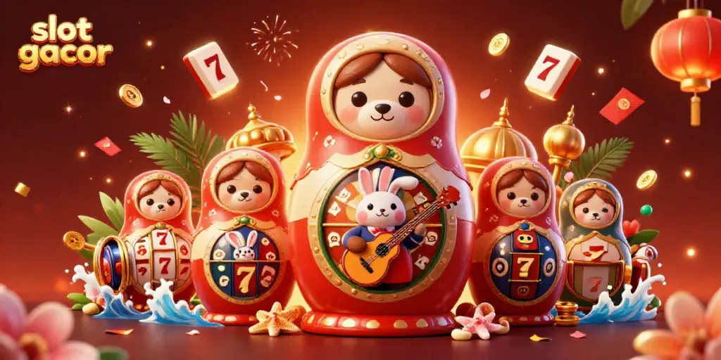 Experience the thrill of slot gacor with vibrant casino-themed illustration featuring a Matryoshka bear and gaming elements.