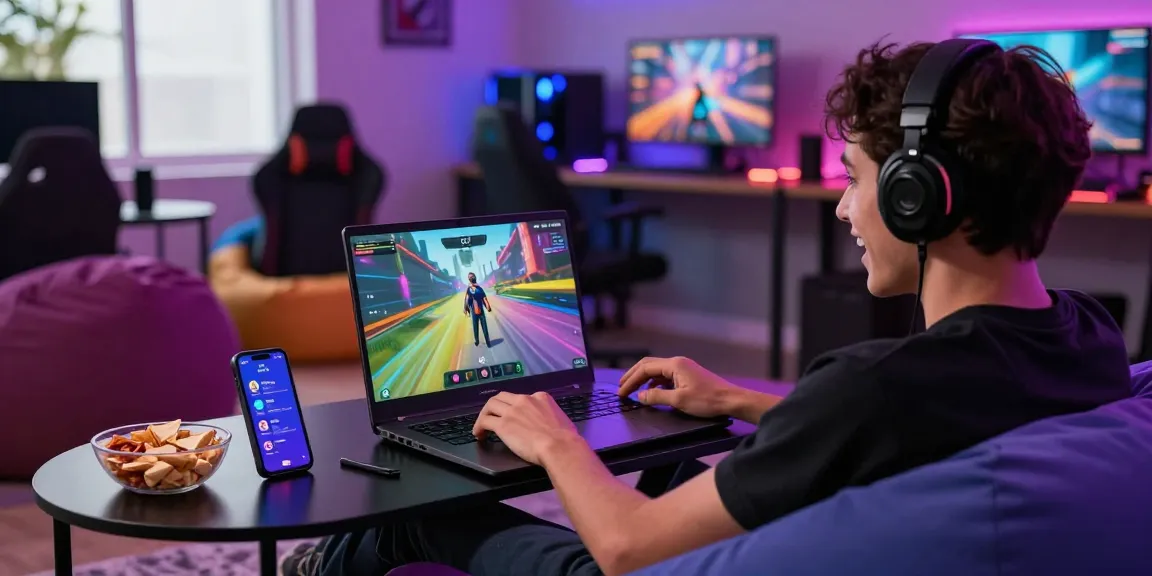 Pengguna menikmati pengalaman bermain terjun4d dengan laptop dan suasana permainan yang hidup.