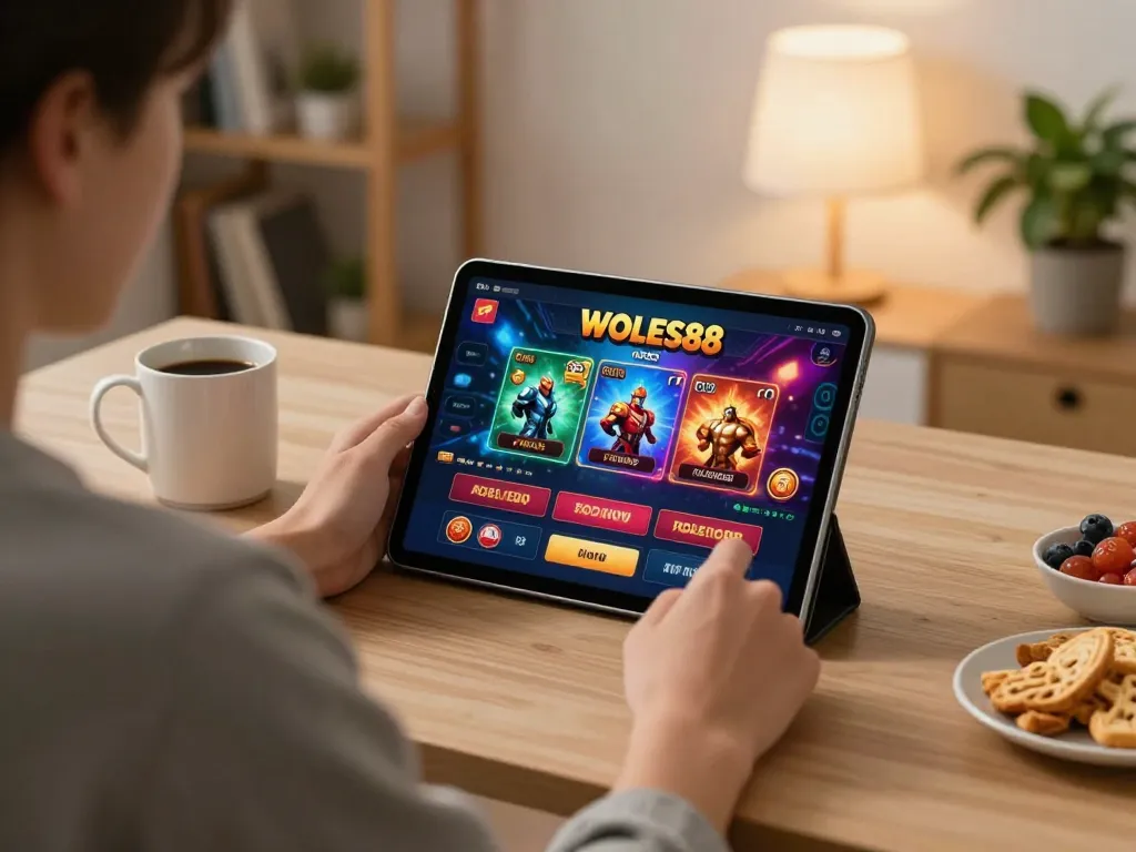 Permainan menarik di platform WOLES88 dengan pengaturan nyaman di rumah menampilkan tablet dan camilan.