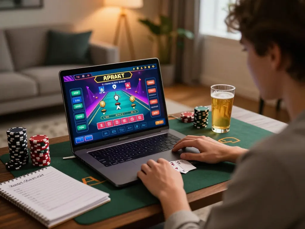 GO8 player concentrating on blackjack strategy at a stylish online casino setup