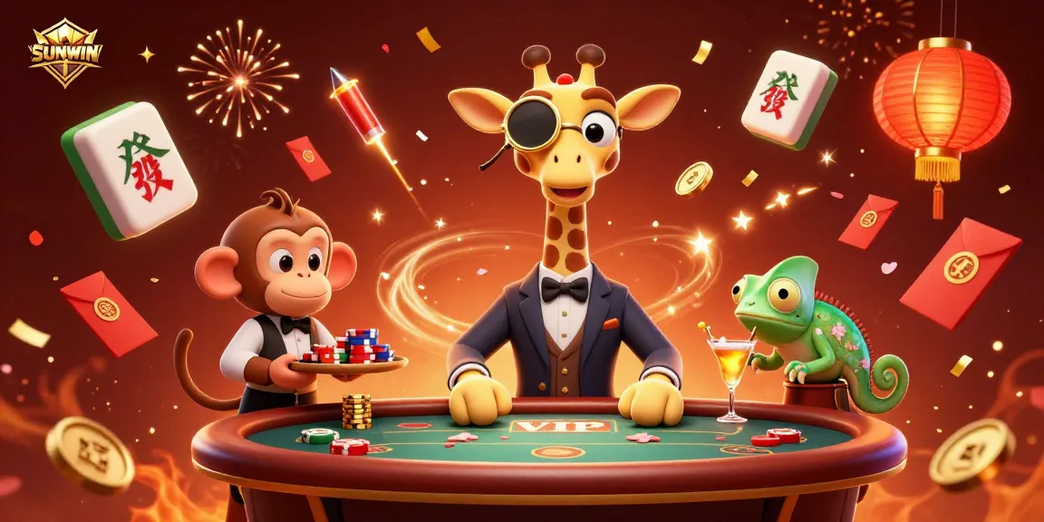 SUNWIN offers thrilling experiences as a cartoon giraffe, monkey, and chameleon celebrate in a vibrant casino atmosphere.