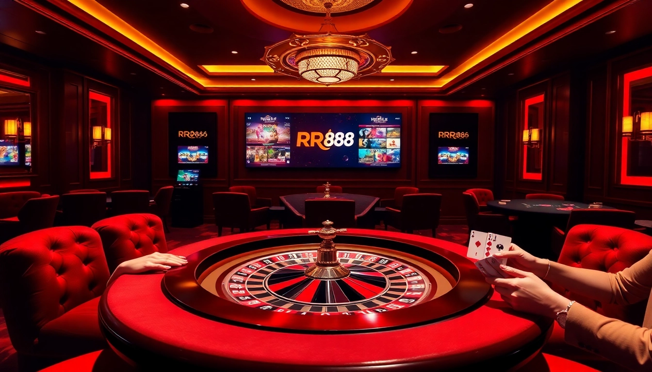 Experience thrilling casino action with RR88 at a vibrant roulette table showcasing chips and cards.