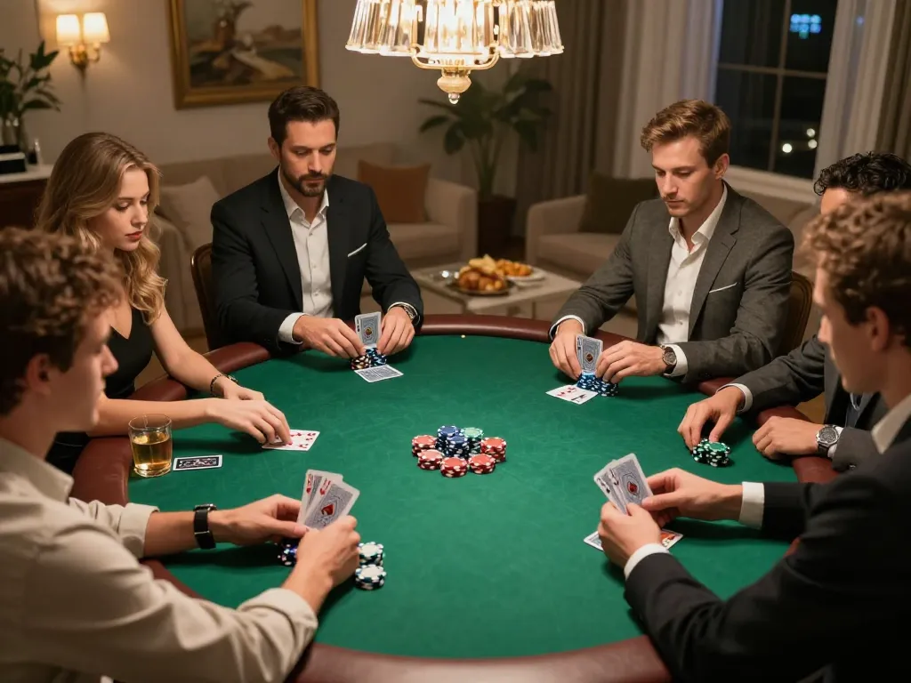 Exciting poker game at home featuring 88aa players strategizing with chips and cards.