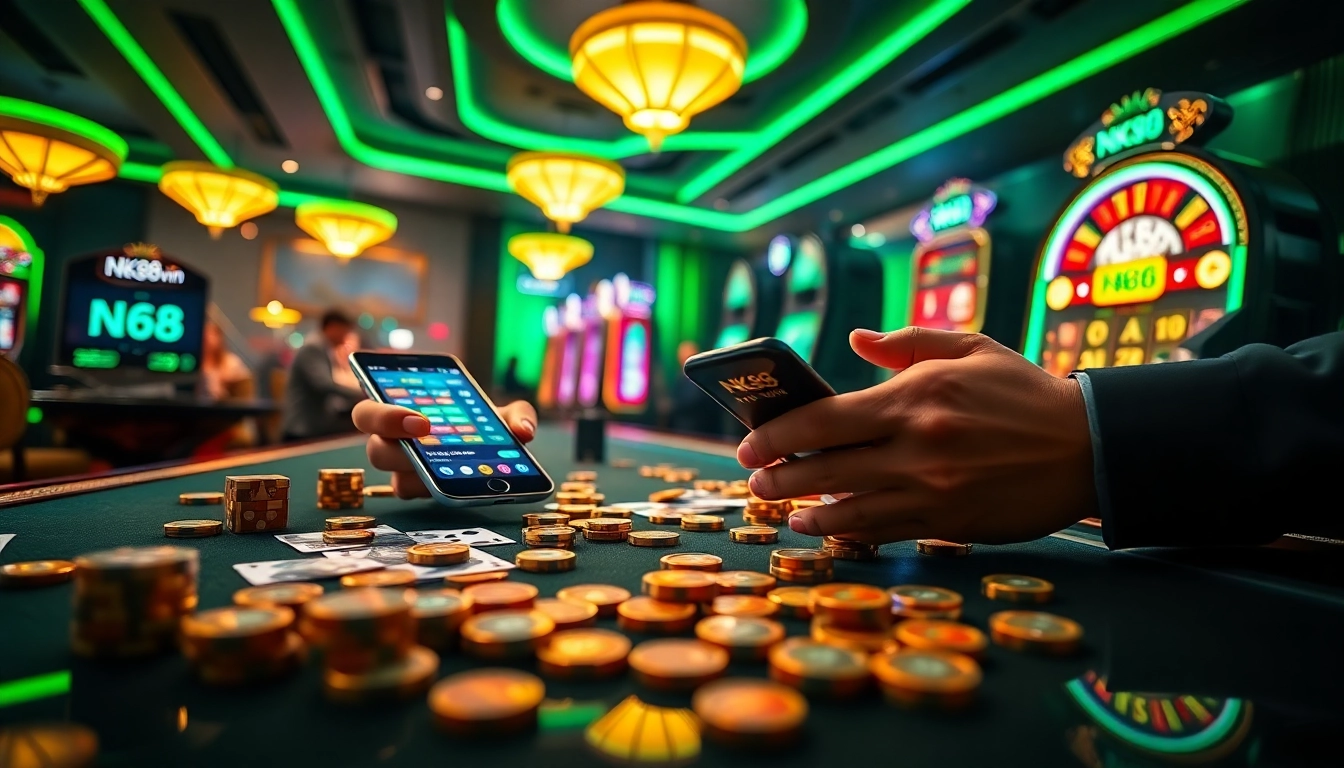 Confident gambler placing strategic NK88 vin bets with poker chips and roulette wheel in luxury casino