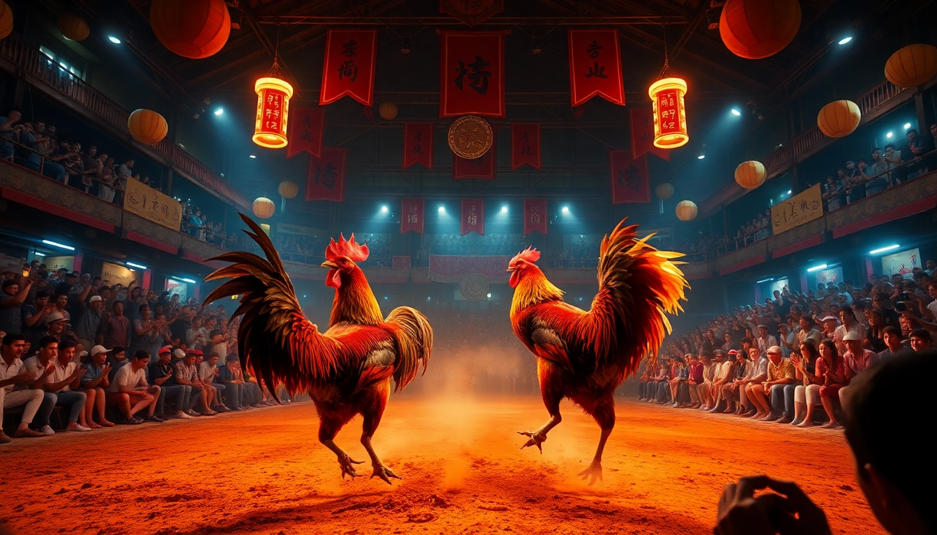 Exciting scene of dagatructiep 1 live cockfighting with dynamic action and cheering spectators.