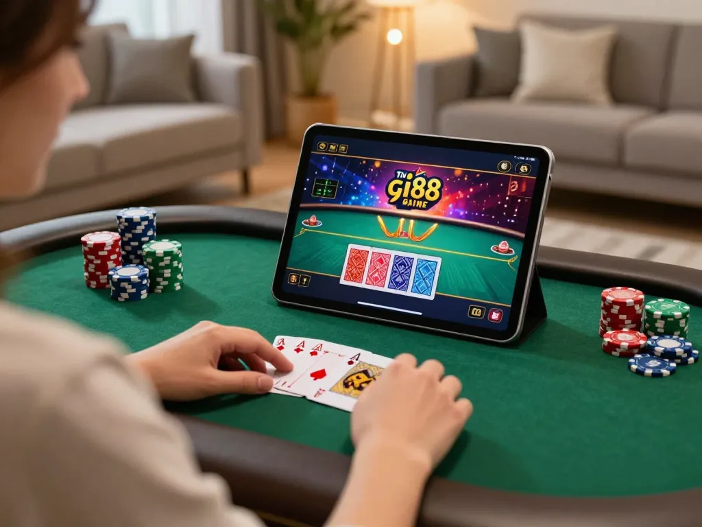 Player engaging with gi88's online poker game on tablet, vibrant chips displayed, stylish home setting.