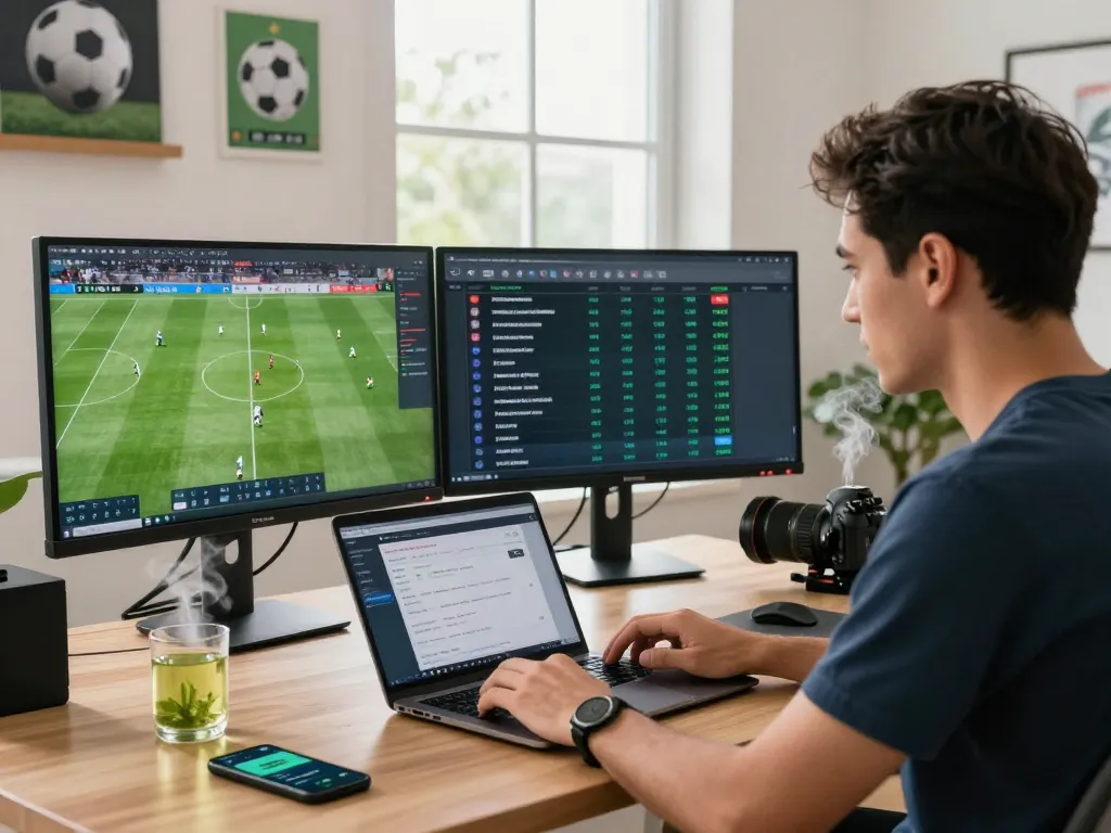 Focused man analyzing tỷ lệ kèo nhà cái trực tuyến on dual monitors in a modern home office.