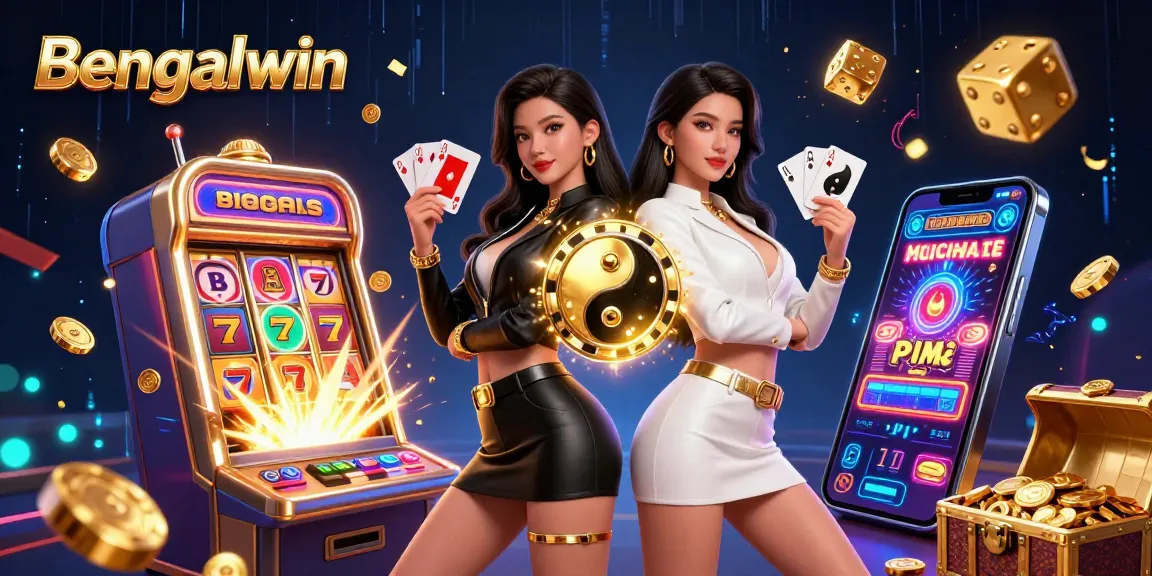 Bengalwin casino promotional illustration featuring twin Asian women with playing cards amidst dynamic gaming elements.