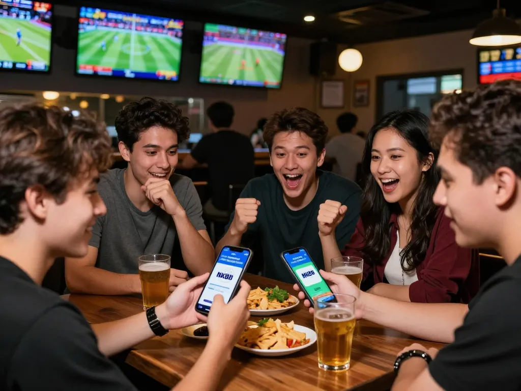 Friends placing bets with NK88 app while enjoying live sports at bar.