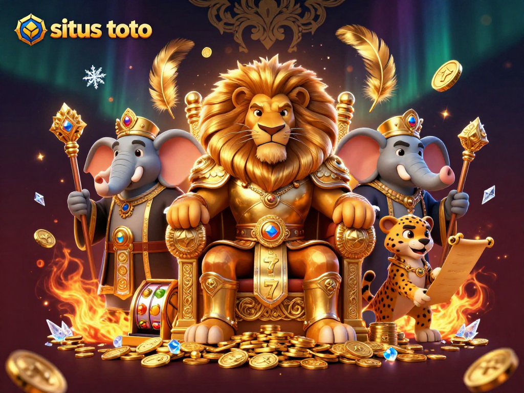 Situs toto slots with a fierce lion king on throne, immersive casino illustration, winning excitement.