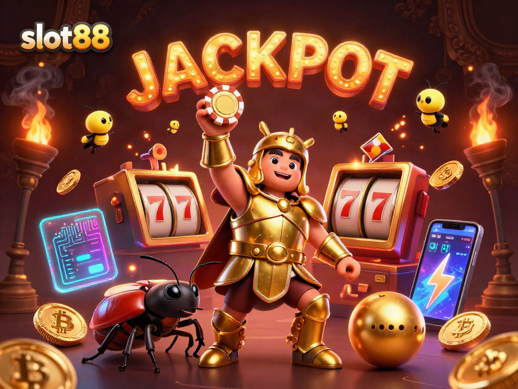 Celebrate wins with slot88 as the triumphant beetle lifts a poker chip amidst vibrant 3D casino elements.