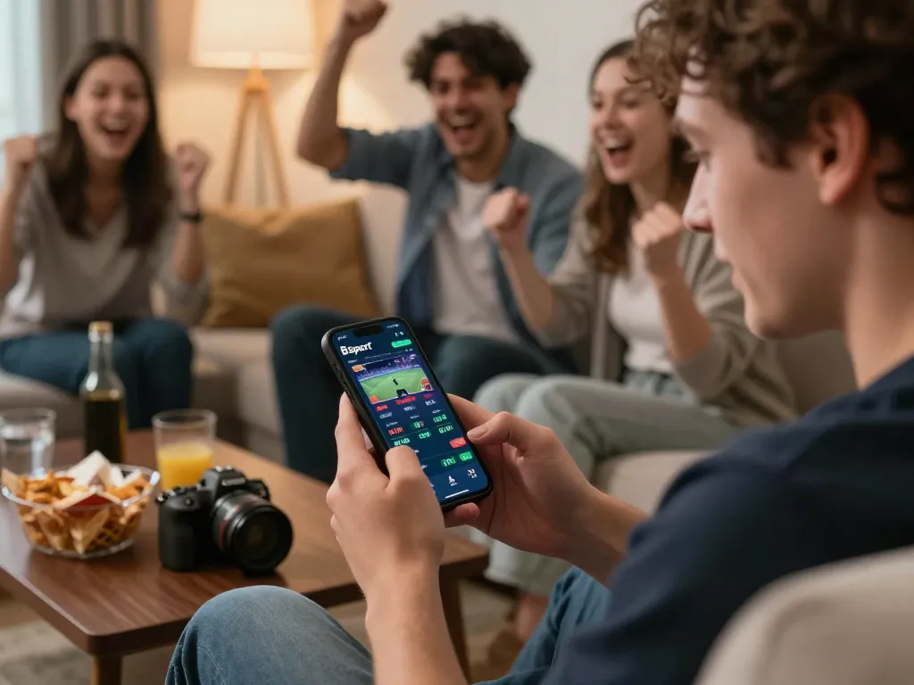 Engaged player using the Bsport app for live sports betting during a thrilling game