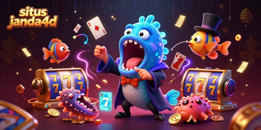 Menang dalam permainan lotere dengan situs janda4d, menampilkan elemen berwarna cerah dan ikan pemancing.