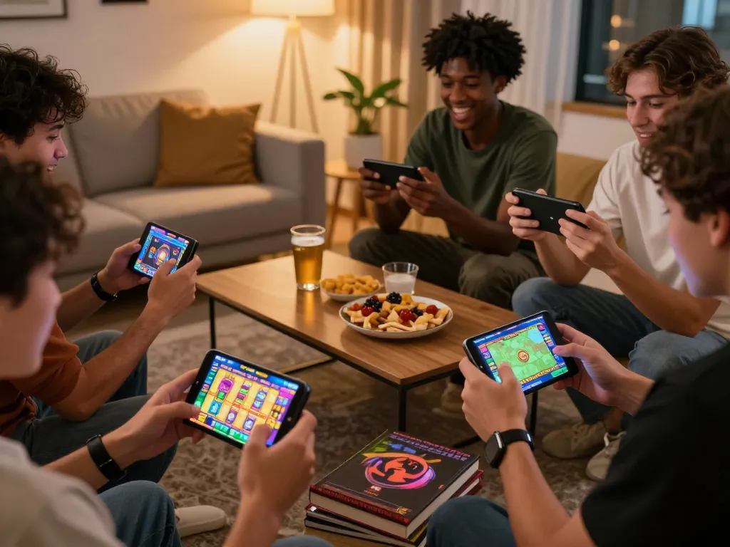 Aksi situs togel di perangkat mobile, menangkap kegembiraan judi online di antara teman-teman di ruang tamu yang nyaman