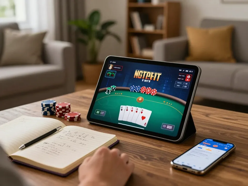 Engaging poker play on tablet during cozy evening at home, showcasing go8 com gaming strategy.
