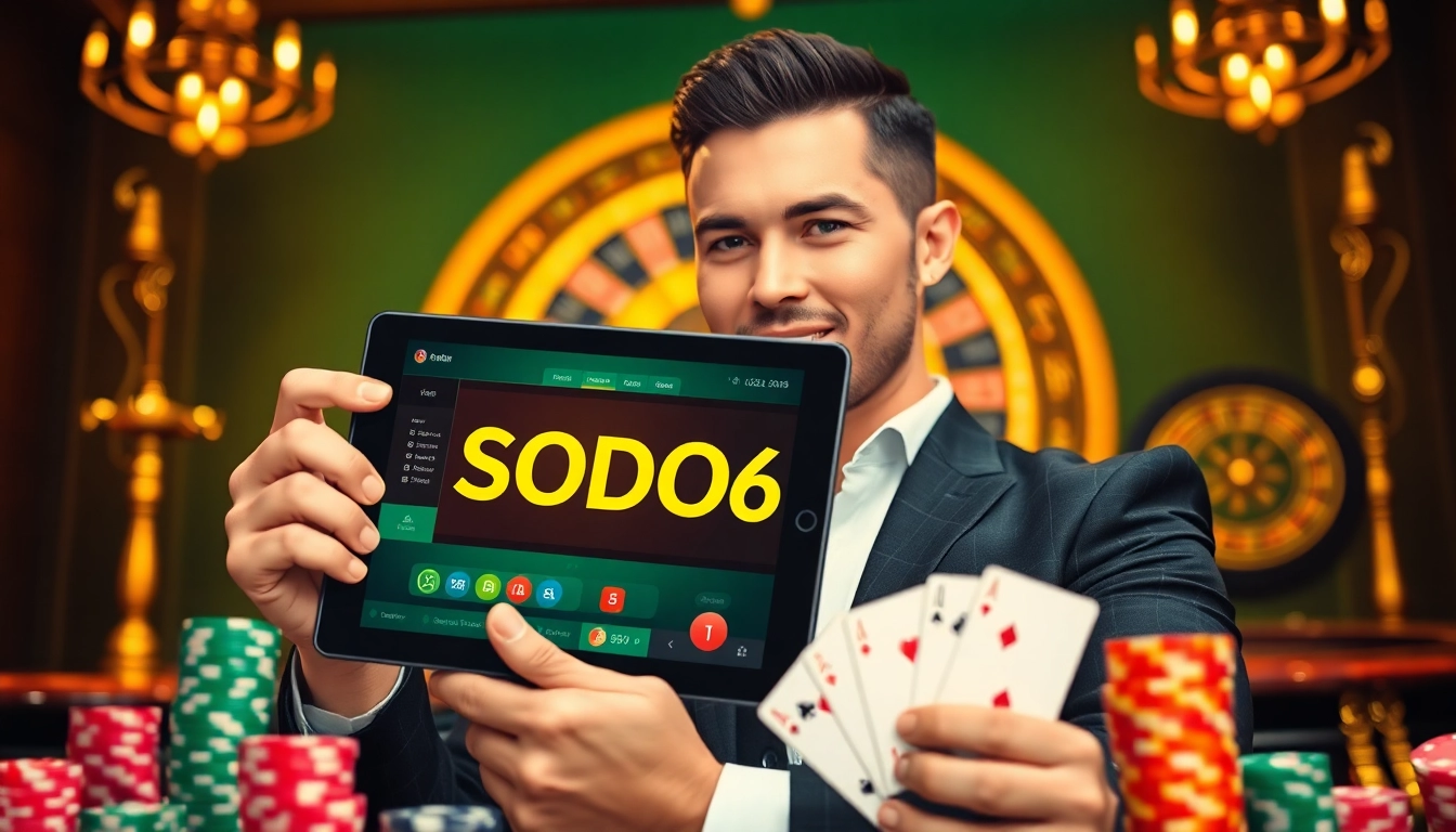 SODO66 player enjoying an exciting online gambling experience with vibrant casino elements.