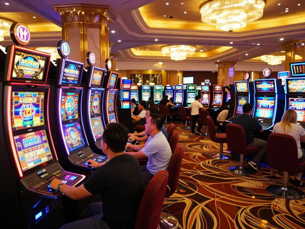 Players enjoying slot gacor games amidst vibrant casino lights and excitement.