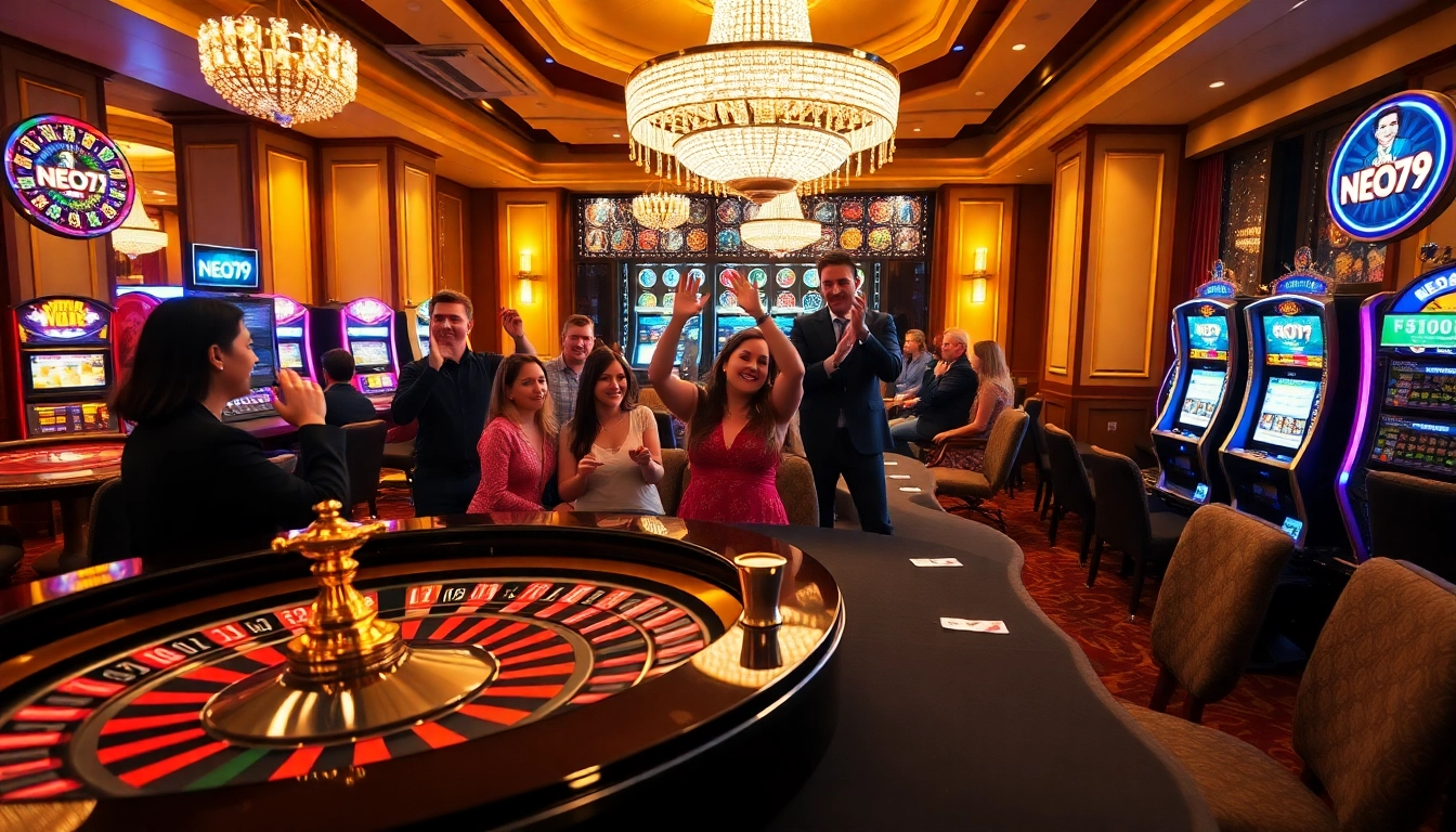 Experience the thrill of gaming at NEO79 casino with poker chips and roulette wheel.