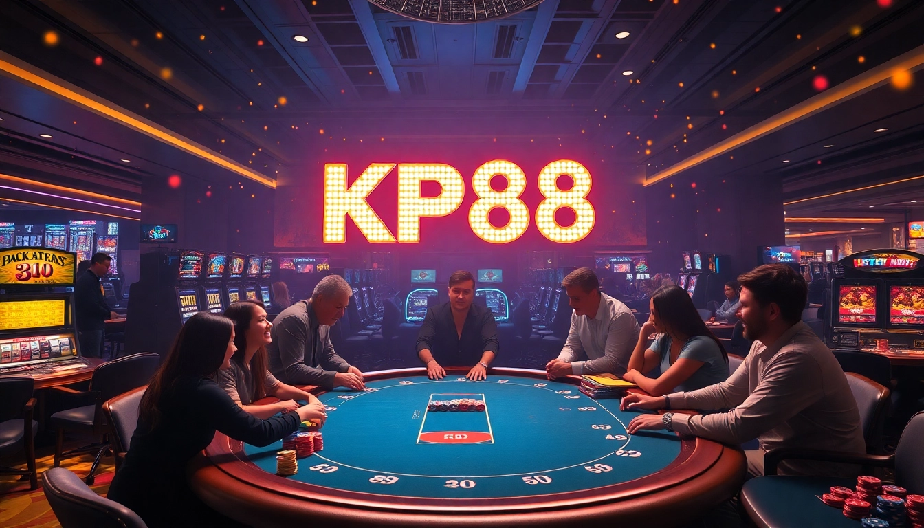 Players at KP88 poker table enjoy a thrilling casino atmosphere with vibrant colors and engaging gameplay.