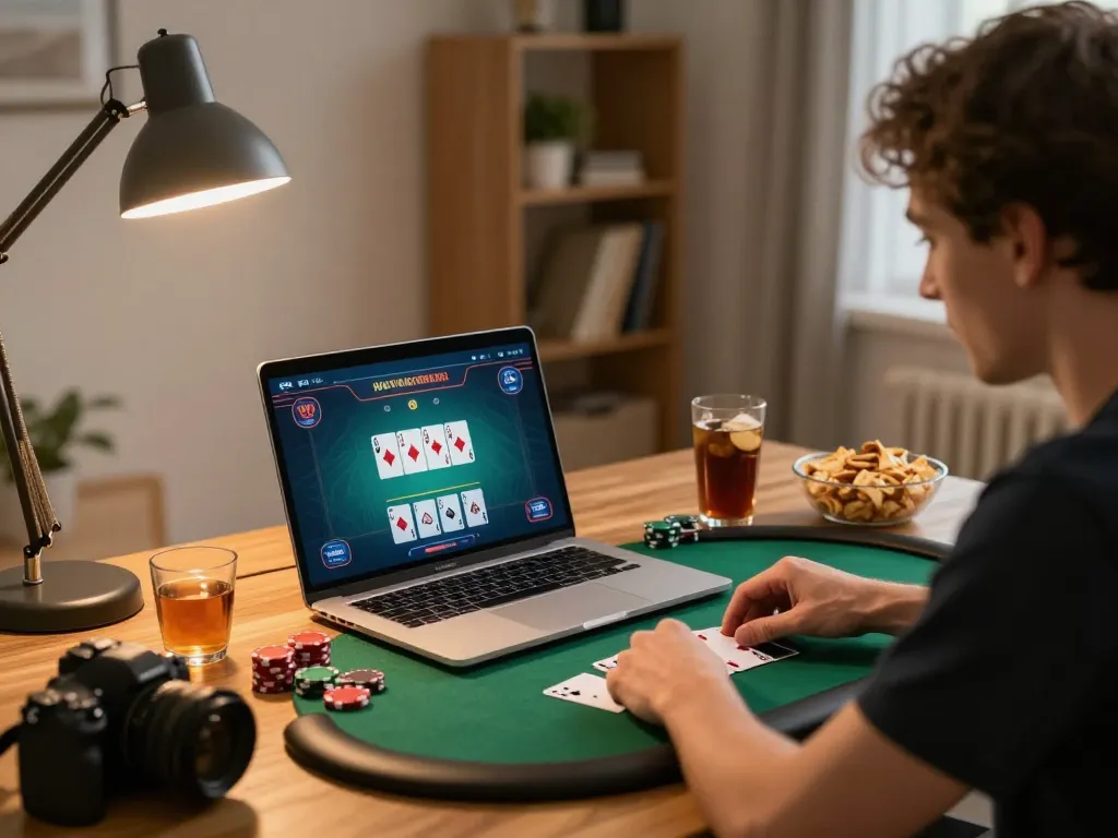B52 player strategizing in an engaging online poker game at home