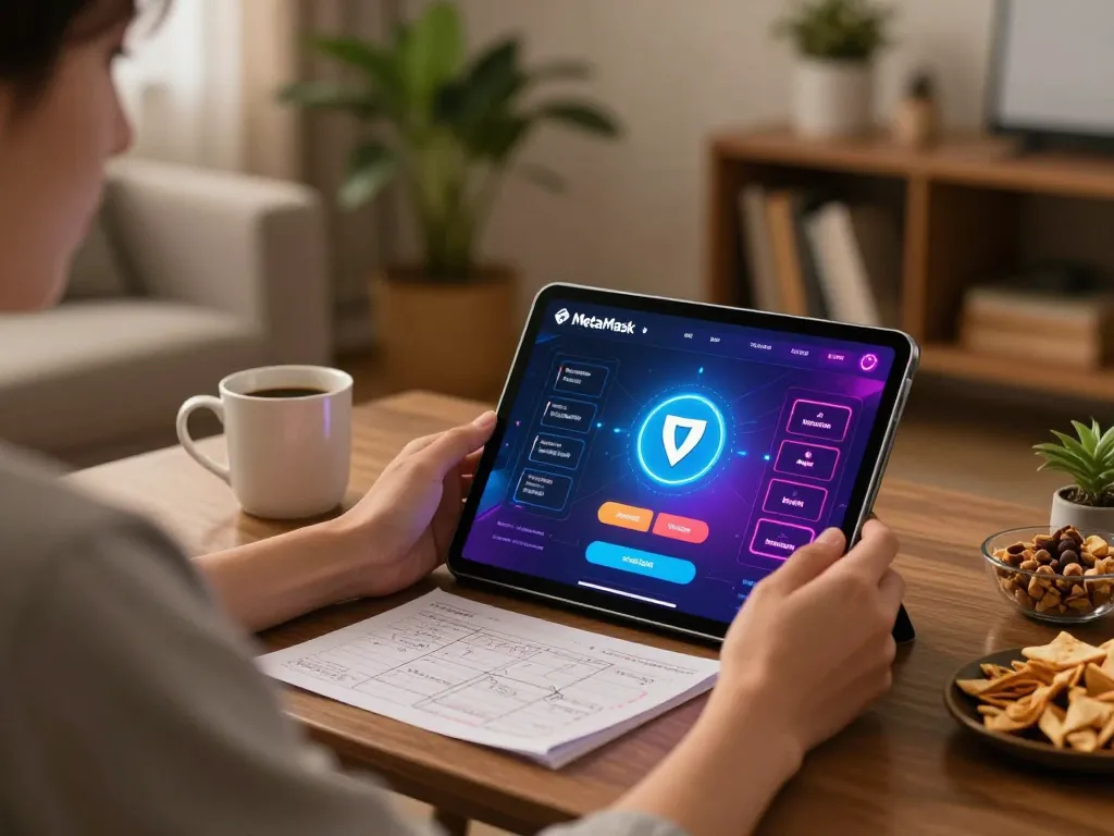 Player enjoying a MetaMask crypto casino experience on a tablet with cozy home setup.