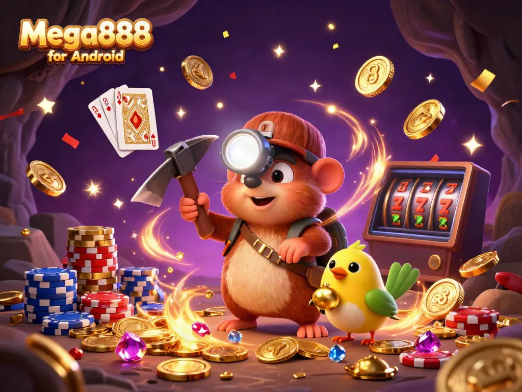 Mega888 for Android display featuring a treasure hunter mole mining golden gems surrounded by casino elements.