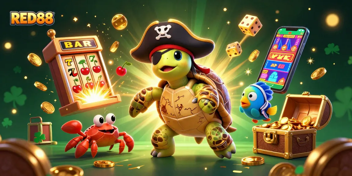 Win big with RED88 at a vibrant casino adventure amidst treasure and exciting gaming elements.