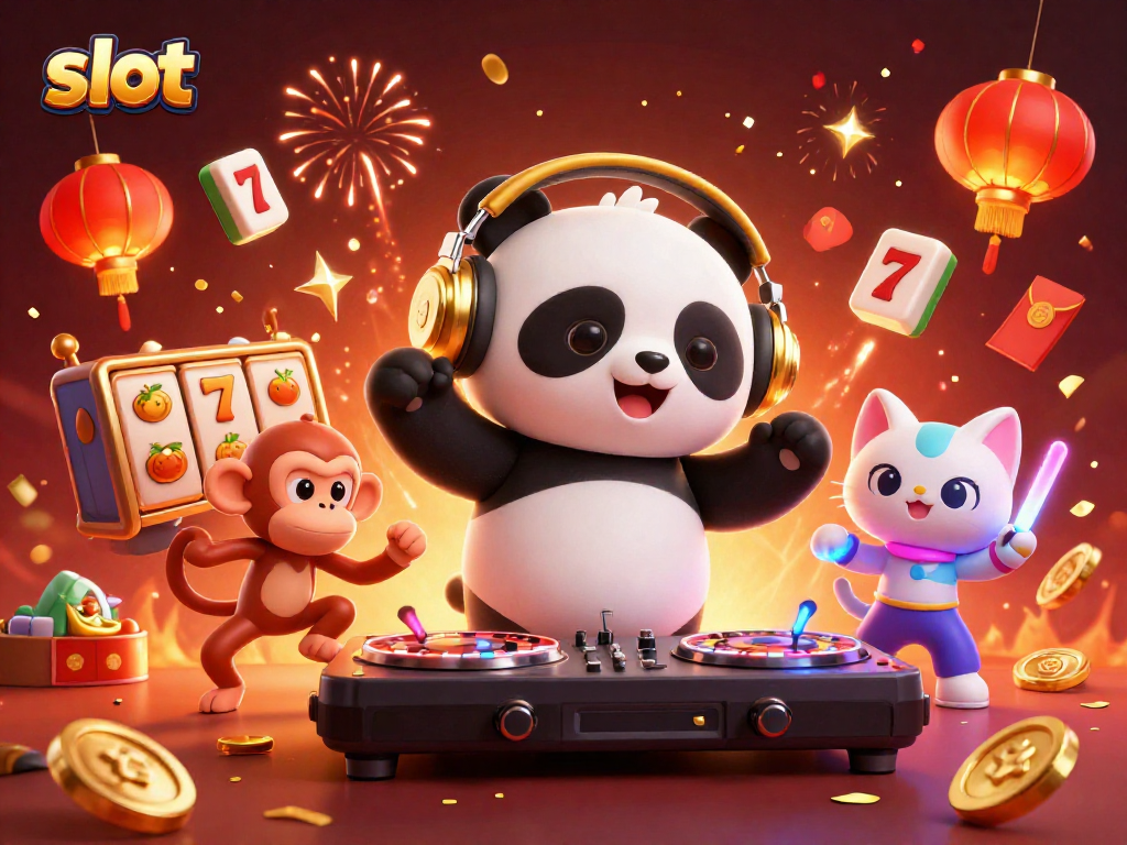 Engage with slot games as DJ panda spins reels, with vibrant characters and celebratory elements.