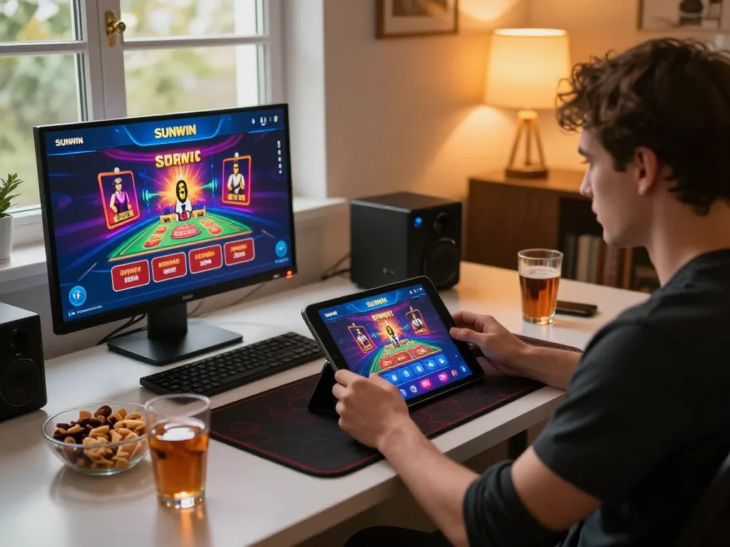 SUNWIN app displayed on tablet during engaging at-home gaming session, showing responsible gambling.