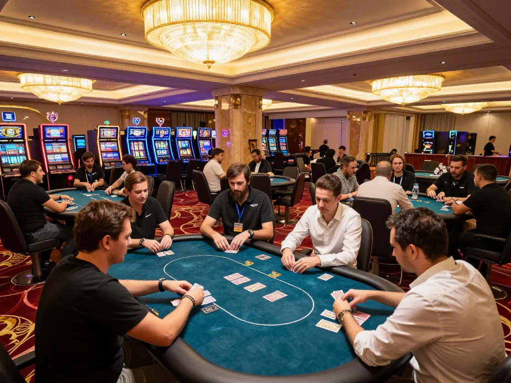 Exciting gameplay at Sunwin casino featuring players engaged at poker tables with vibrant ambiance and elegant decor.