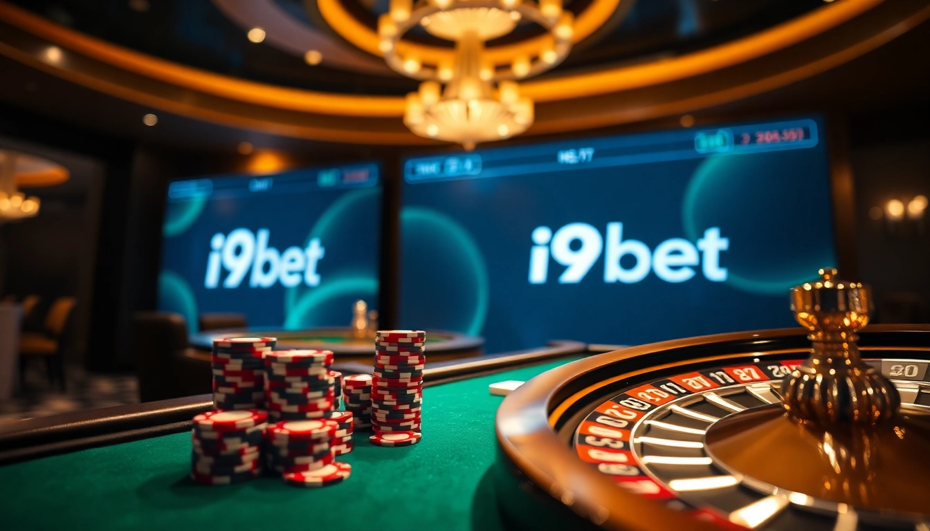 I9BET gaming scene showcasing poker chips, cards, and a roulette wheel, exuding luxury and excitement.