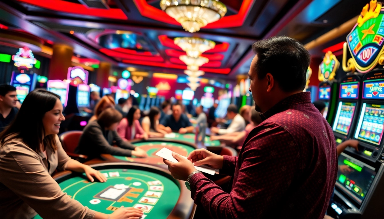 Engaged players experiencing uu娛樂 in a vibrant casino with card tables and glowing slot machines.