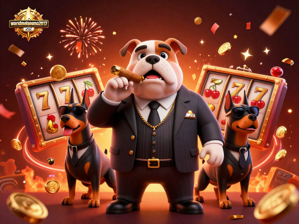 Engage in thrilling gameplay at worldmelanoma2017 with established casino characters amidst slot reels and festive confetti.