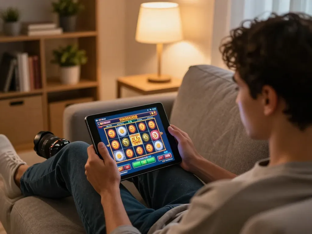 Player enjoying a slot 5k game on the tablet in a cozy home setting, showcasing gameplay excitement and responsible gaming.