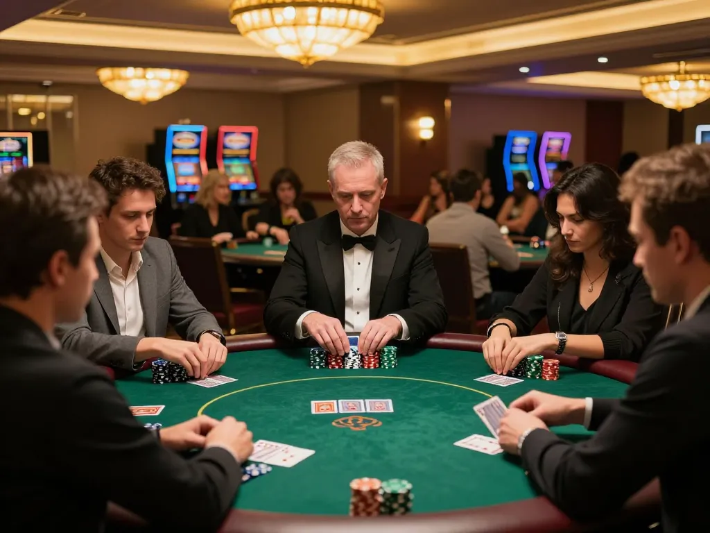 88aa players intensely engaged in an upscale poker game at a luxurious casino.