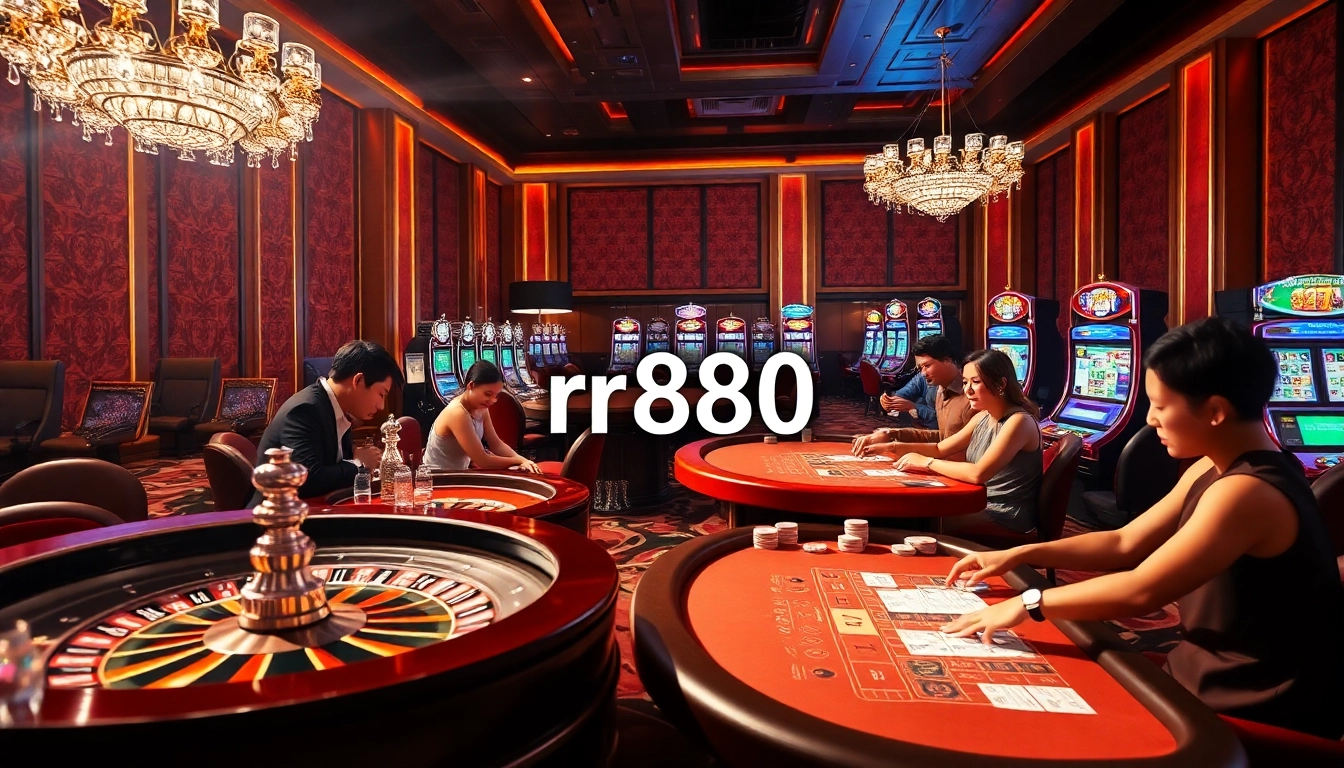 Experience the excitement of rr888 gaming as players engage at vibrant casino tables and slot machines.