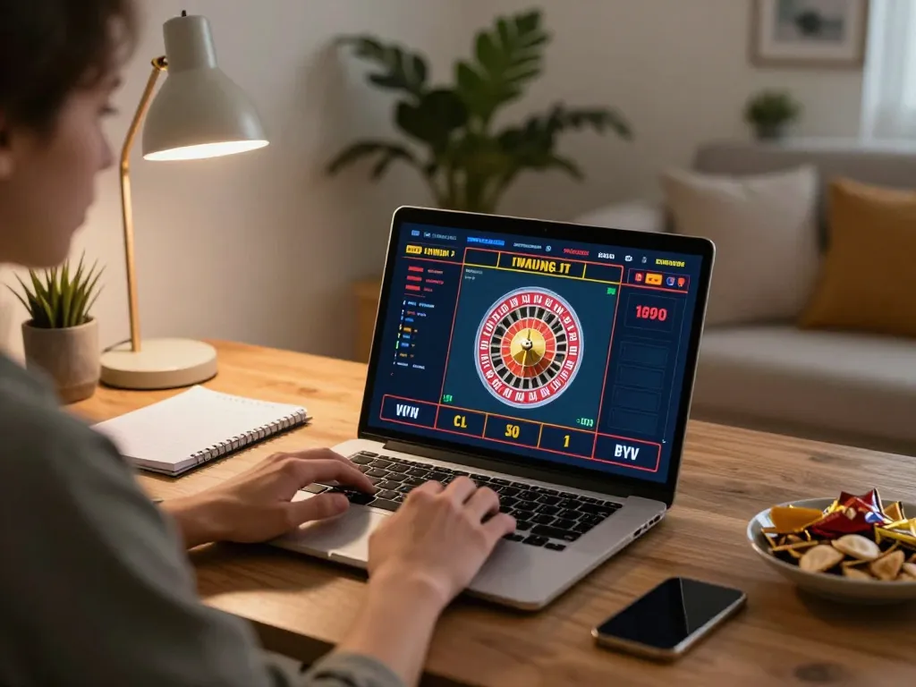 Engaging in kerajaanslot online gaming during cozy home session with strategy notes