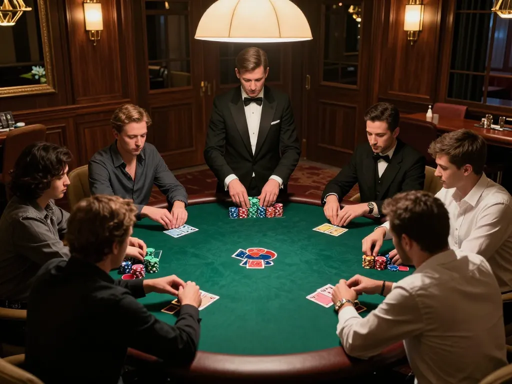 In a luxurious KJC poker room, players engage in strategic gameplay surrounded by elegant decor and ambient lighting.