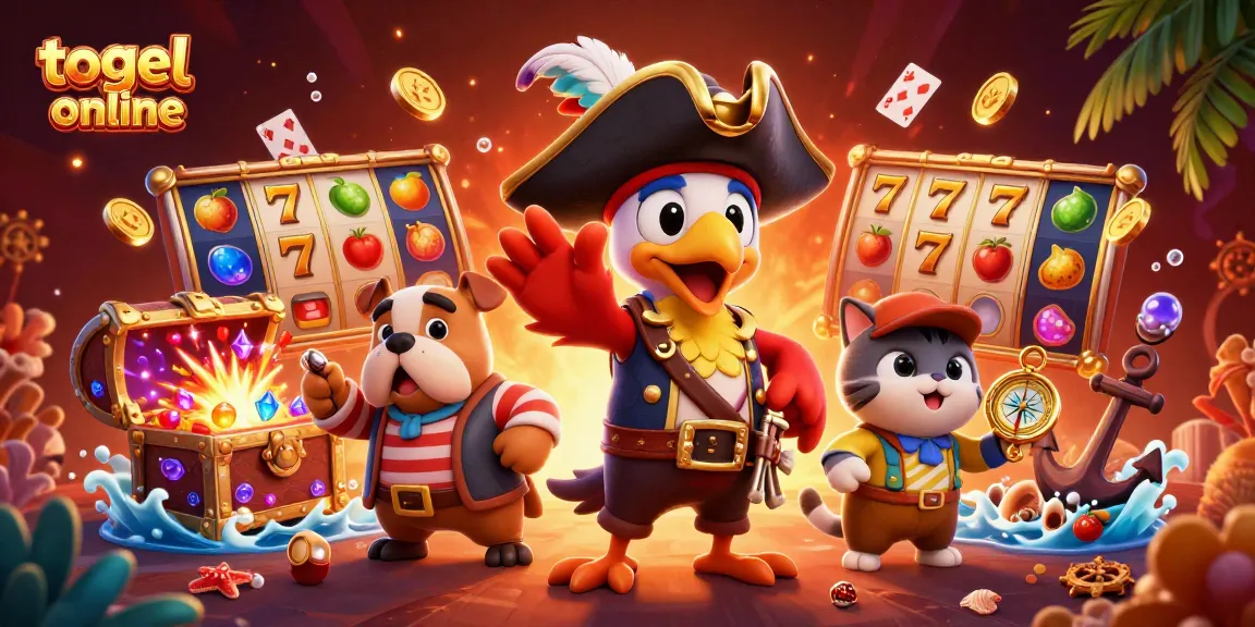 Togel online themed illustration with cartoon pirate captain, bulldog, and navigator amidst vibrant slot game elements.