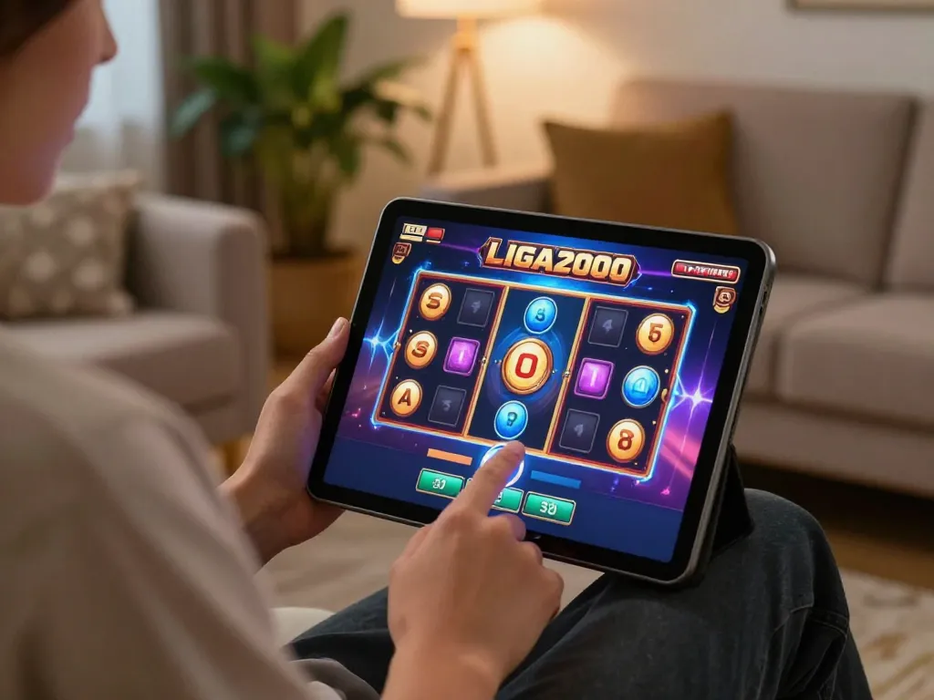 LIGA2000 online slot gameplay on a tablet in a cozy living room.