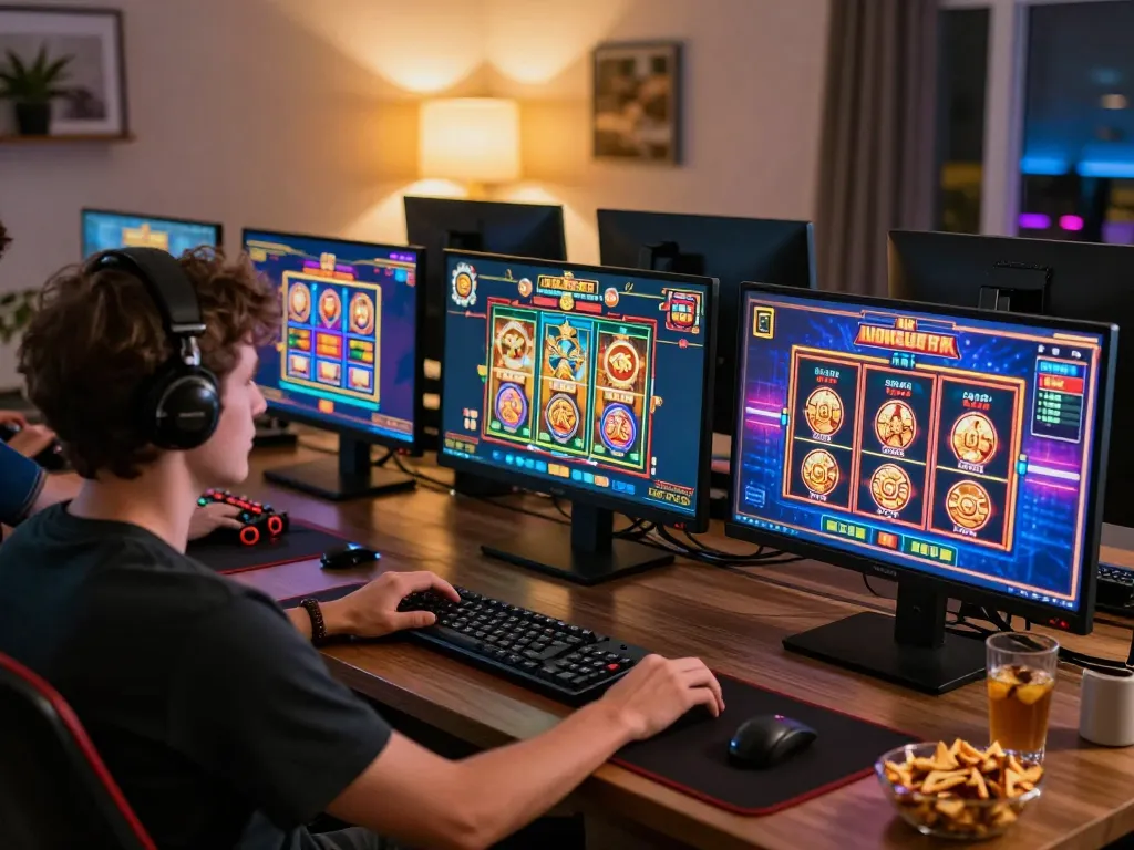 Engaging in online gambling at home with tx88, showcasing immersive casino games and vibrant gaming setup.