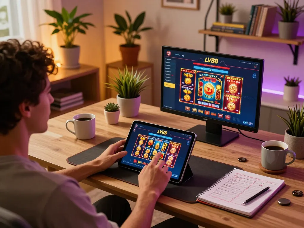 Engaged player enjoying LV88 online casino games from a stylish home setup with tablet displaying various games.