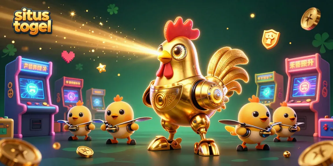 Engage with situs togel as vibrant 3D golden rooster robot beams winning patterns, surrounded by gaming elements.