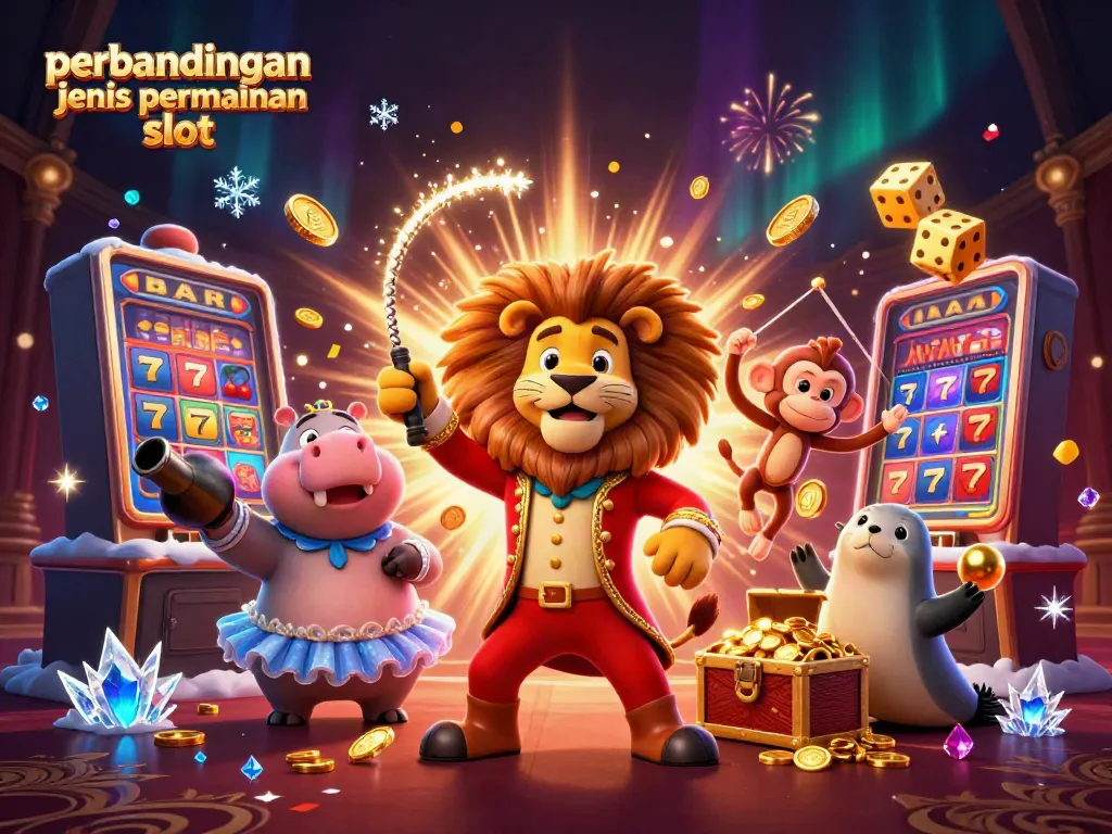 Mempersembahkan perbandingan jenis permainan slot dengan ilustrasi kartun 3D dari karakter kasino.
